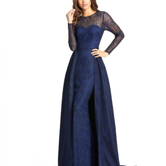 Mac Duggal Lace Illusion Long Sleeve Gown with Overlay Skirt - Picture 5 of 6